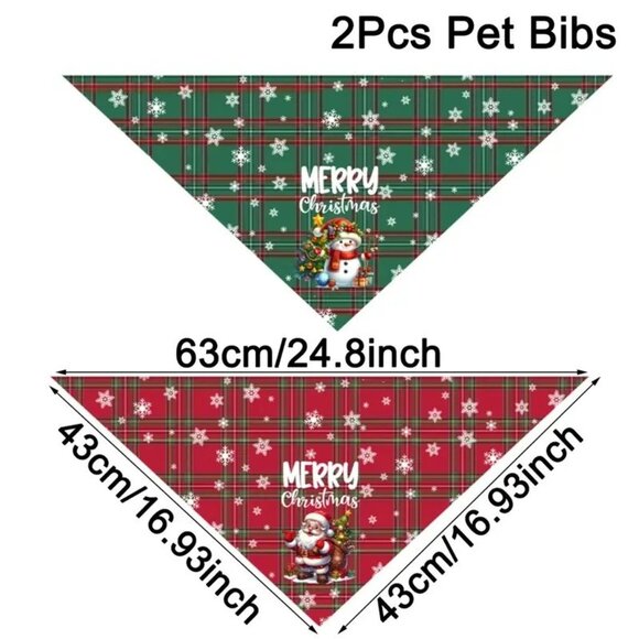 Set of 2 Red and Green Festive Holiday Dog Bandanas with Santa and Snowman - Picture 3 of 3